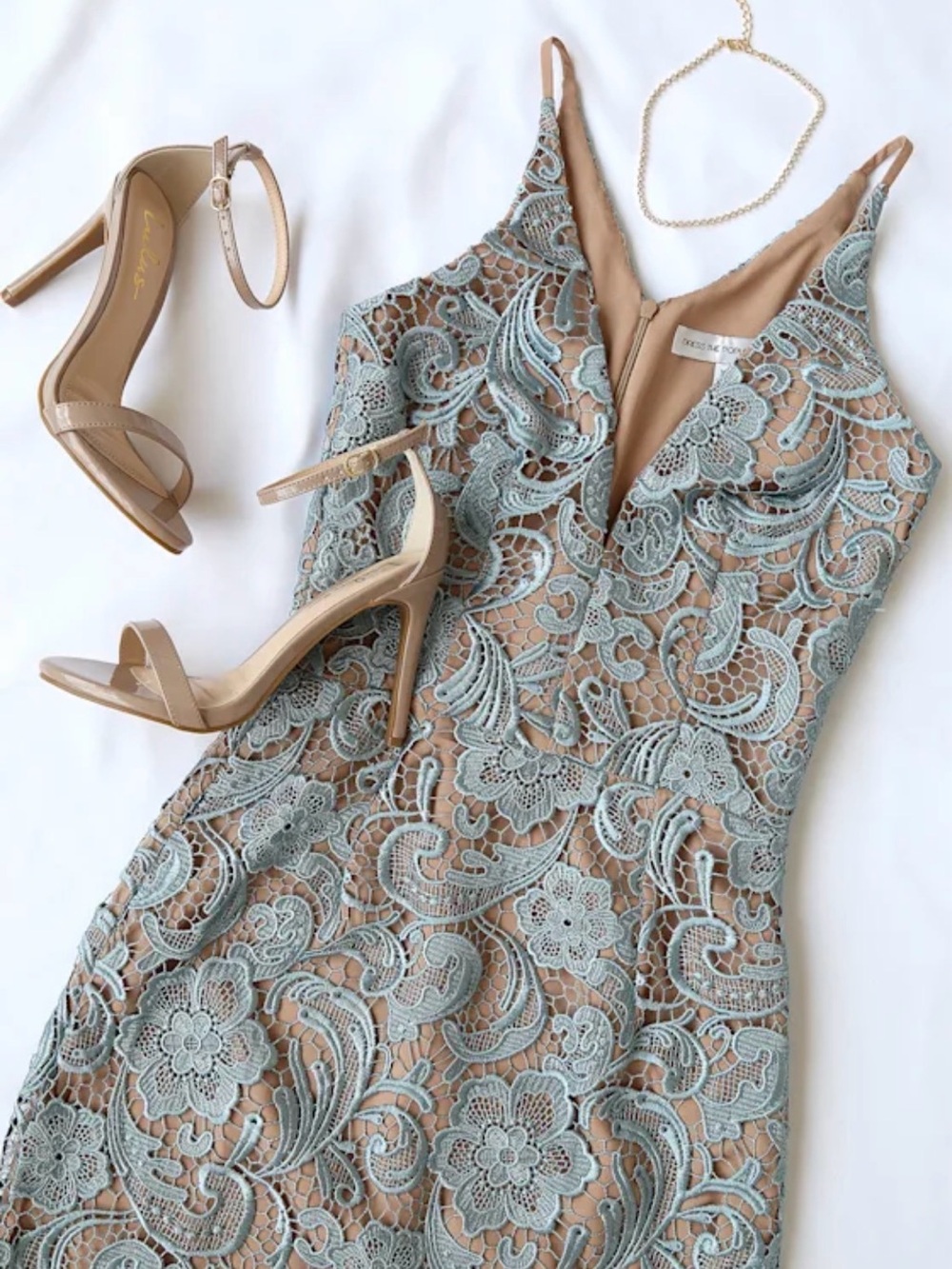 Dress the Population Marie Slate Blue Lace Midi Dress Size L